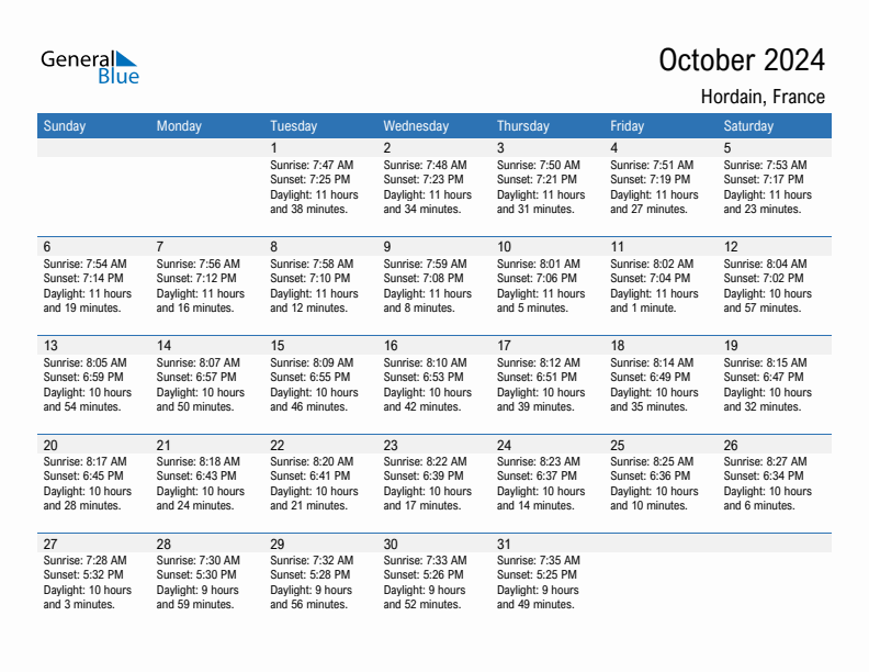 Hordain October 2024 sunrise and sunset calendar in PDF, Excel, and Word