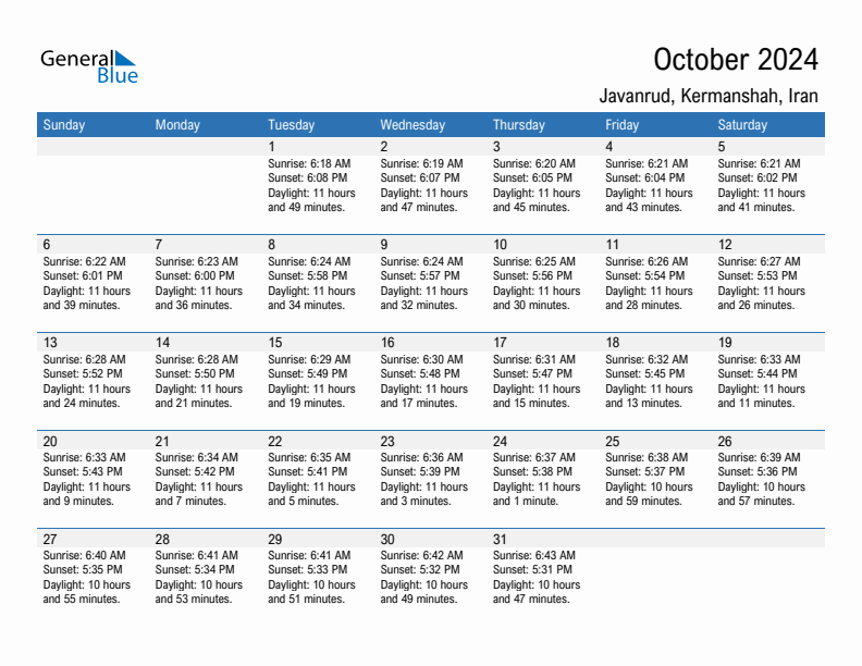 Javanrud October 2024 sunrise and sunset calendar in PDF, Excel, and Word
