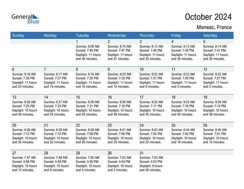 Meneac October 2024 sunrise and sunset calendar in PDF, Excel, and Word