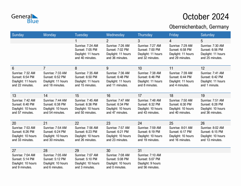 Oberreichenbach October 2024 sunrise and sunset calendar in PDF, Excel, and Word