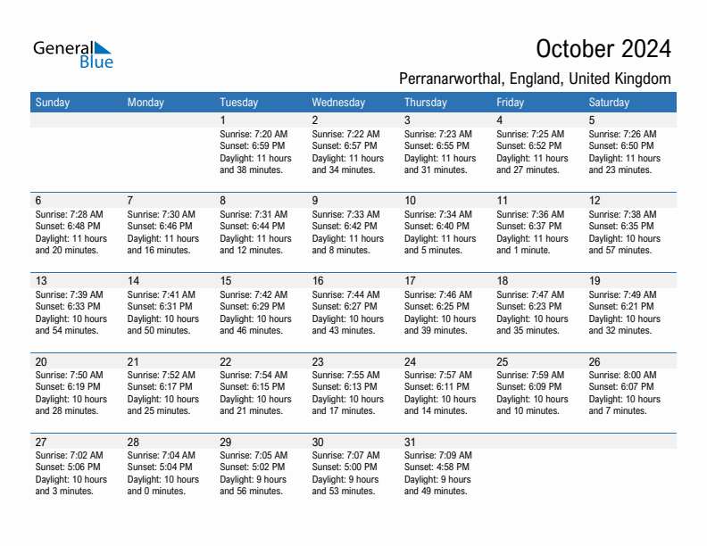 Perranarworthal October 2024 sunrise and sunset calendar in PDF, Excel, and Word