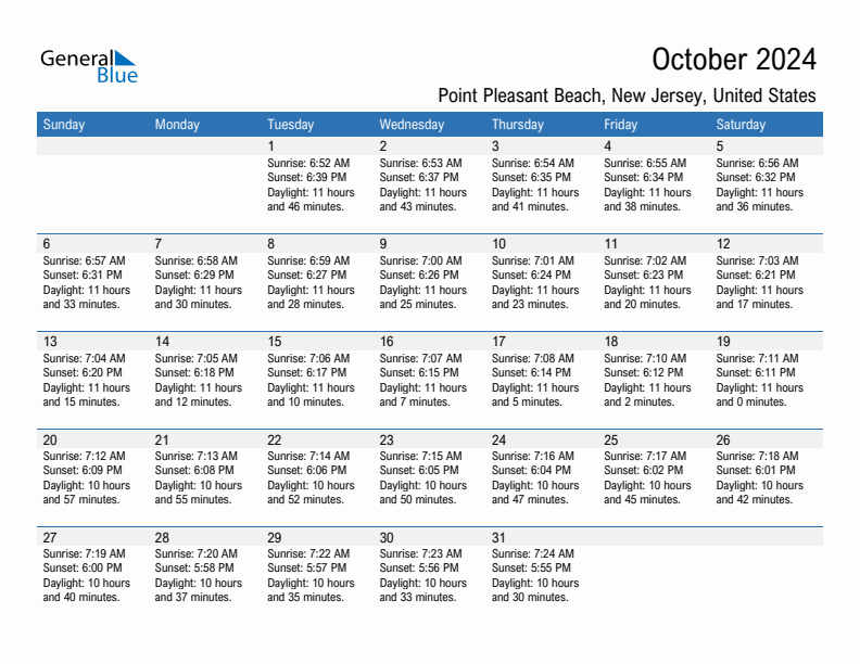Point Pleasant Beach October 2024 sunrise and sunset calendar in PDF, Excel, and Word