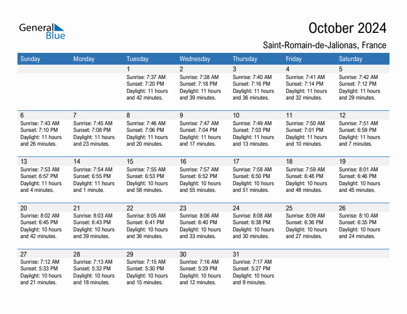 Saint-Romain-de-Jalionas October 2024 sunrise and sunset calendar in PDF, Excel, and Word