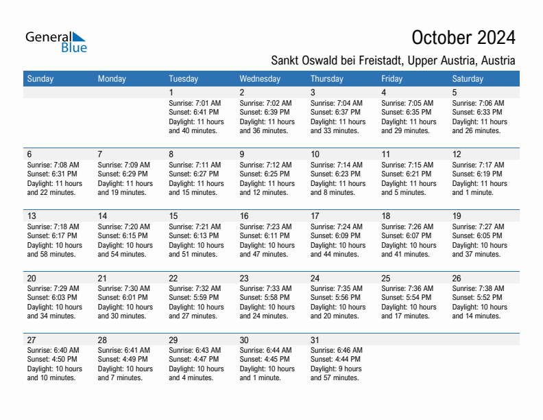 Sankt Oswald bei Freistadt October 2024 sunrise and sunset calendar in PDF, Excel, and Word