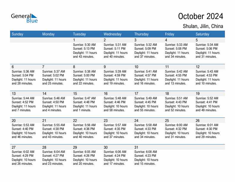 Shulan October 2024 sunrise and sunset calendar in PDF, Excel, and Word