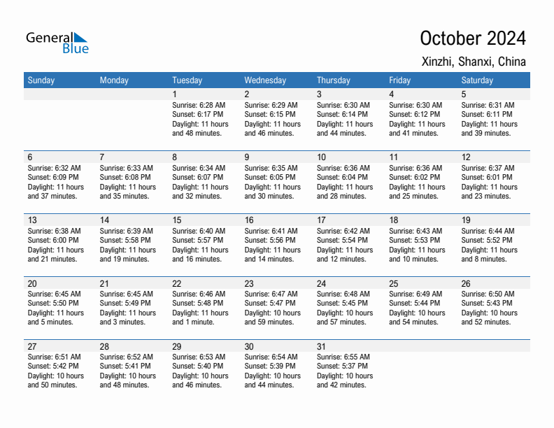 Xinzhi October 2024 sunrise and sunset calendar in PDF, Excel, and Word