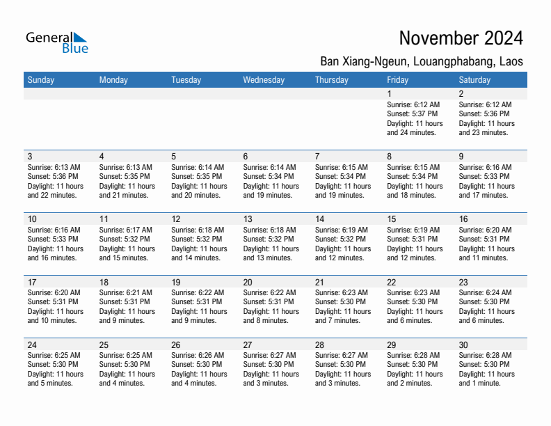 Ban Xiang-Ngeun November 2024 sunrise and sunset calendar in PDF, Excel, and Word