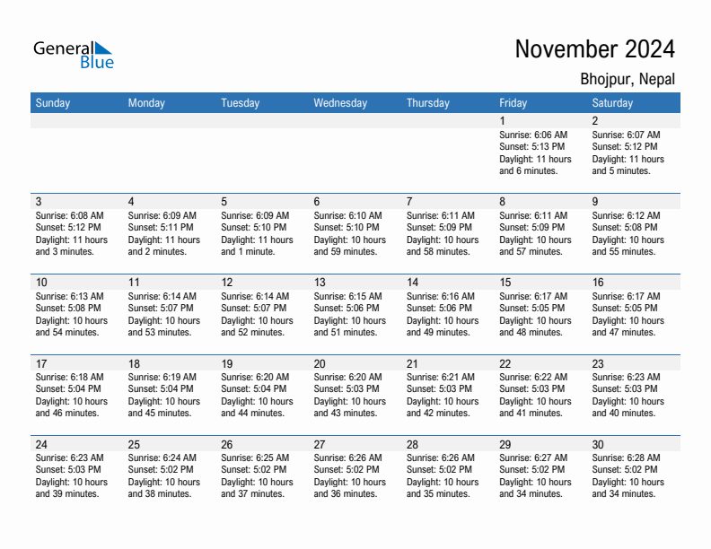 Bhojpur November 2024 sunrise and sunset calendar in PDF, Excel, and Word