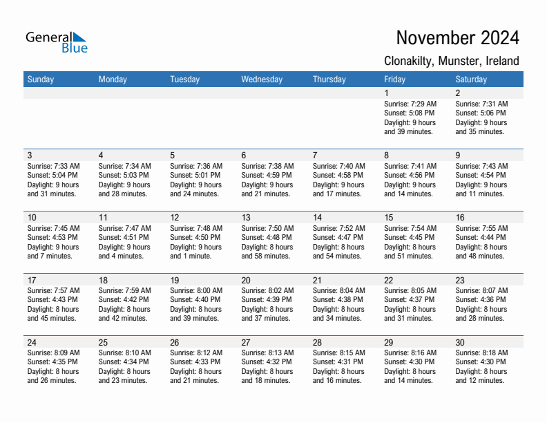 Clonakilty November 2024 sunrise and sunset calendar in PDF, Excel, and Word