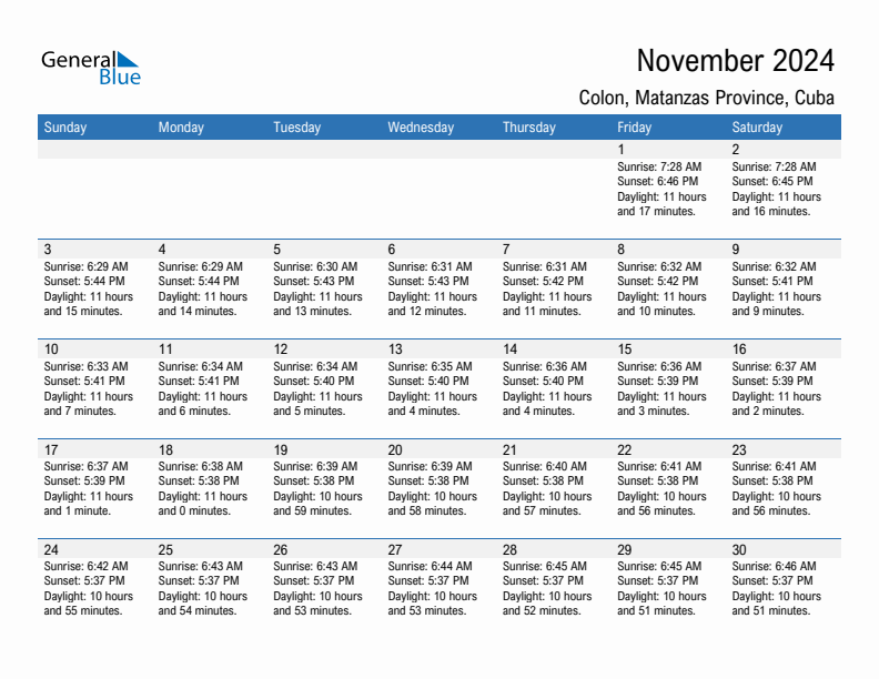 Colon November 2024 sunrise and sunset calendar in PDF, Excel, and Word