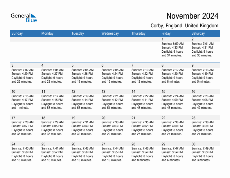 Corby November 2024 sunrise and sunset calendar in PDF, Excel, and Word