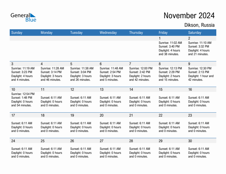 Dikson November 2024 sunrise and sunset calendar in PDF, Excel, and Word