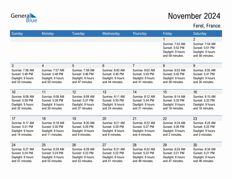 Ferel November 2024 sunrise and sunset calendar in PDF, Excel, and Word