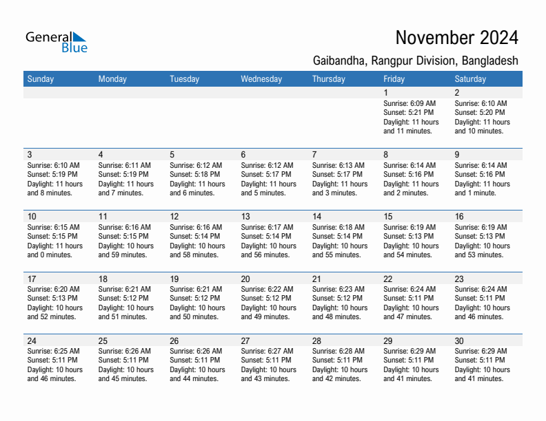 Gaibandha November 2024 sunrise and sunset calendar in PDF, Excel, and Word
