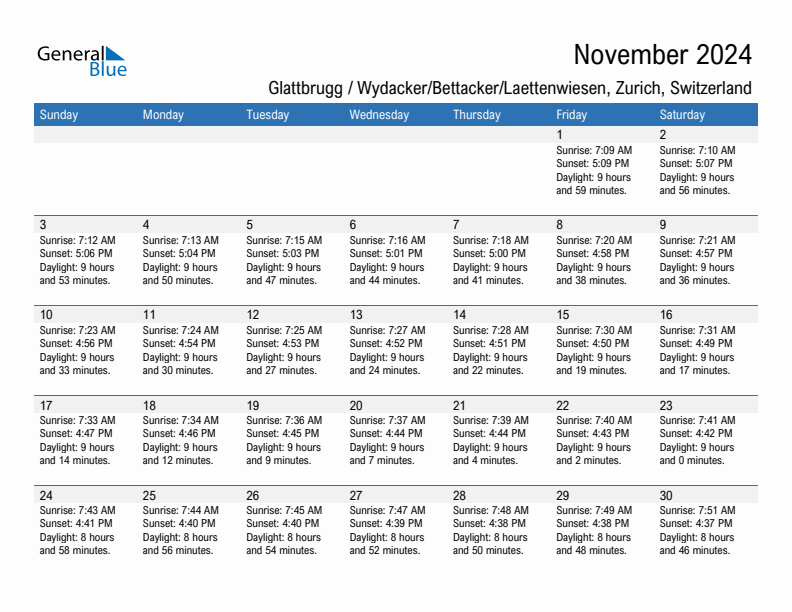 Glattbrugg / Wydacker/Bettacker/Laettenwiesen November 2024 sunrise and sunset calendar in PDF, Excel, and Word