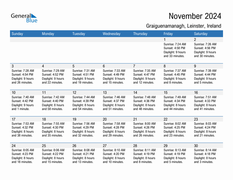 Graiguenamanagh November 2024 sunrise and sunset calendar in PDF, Excel, and Word