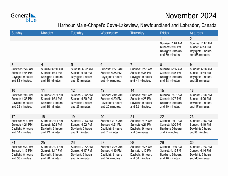 Harbour Main-Chapel's Cove-Lakeview November 2024 sunrise and sunset calendar in PDF, Excel, and Word