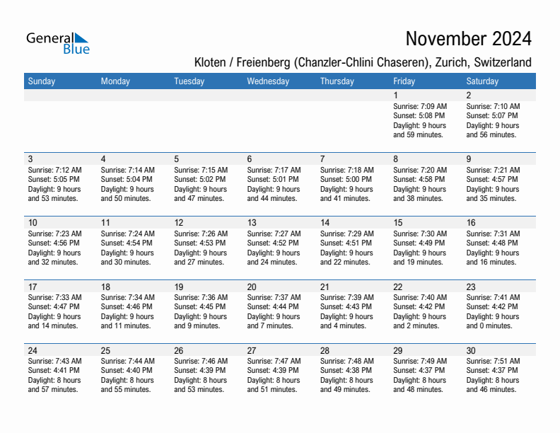 Kloten / Freienberg (Chanzler-Chlini Chaseren) November 2024 sunrise and sunset calendar in PDF, Excel, and Word