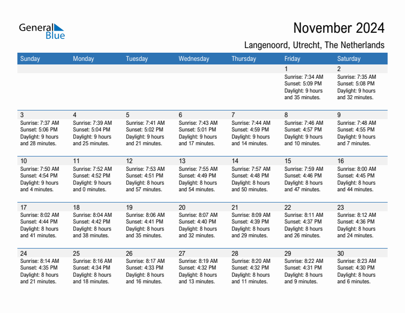 Langenoord November 2024 sunrise and sunset calendar in PDF, Excel, and Word