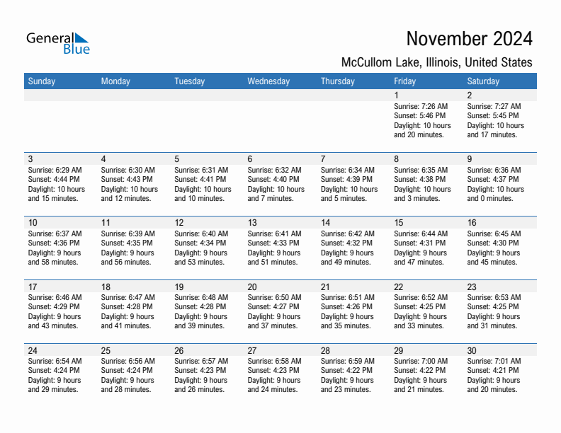McCullom Lake November 2024 sunrise and sunset calendar in PDF, Excel, and Word