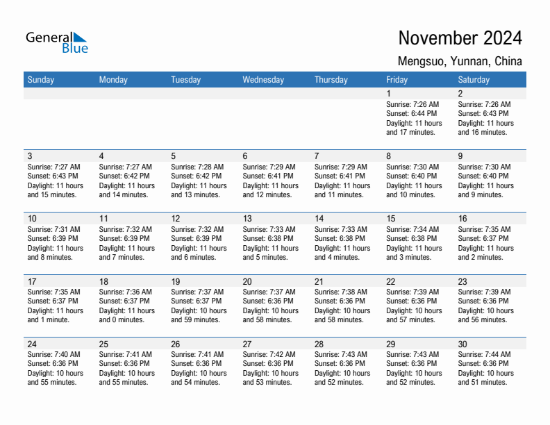 Mengsuo November 2024 sunrise and sunset calendar in PDF, Excel, and Word