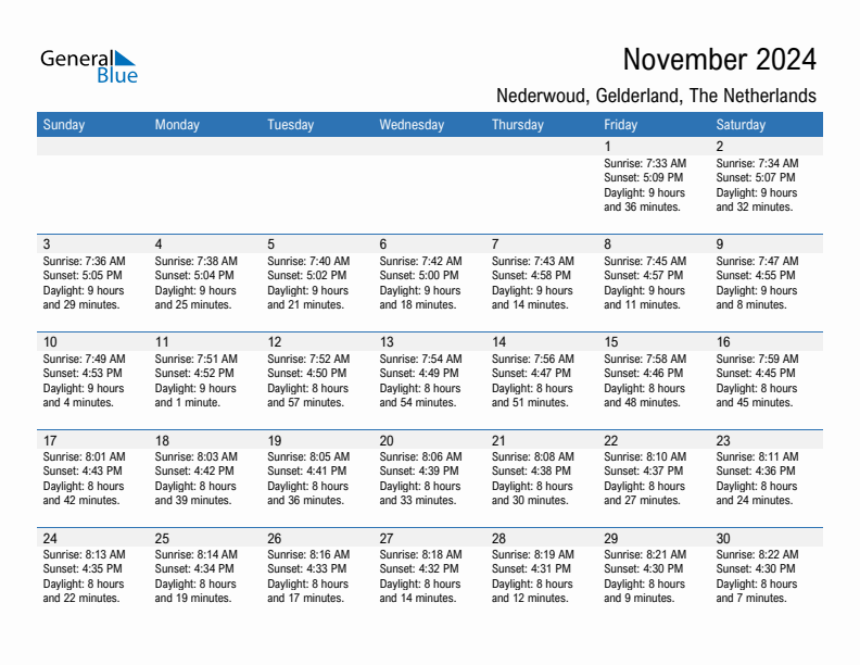 Nederwoud November 2024 sunrise and sunset calendar in PDF, Excel, and Word
