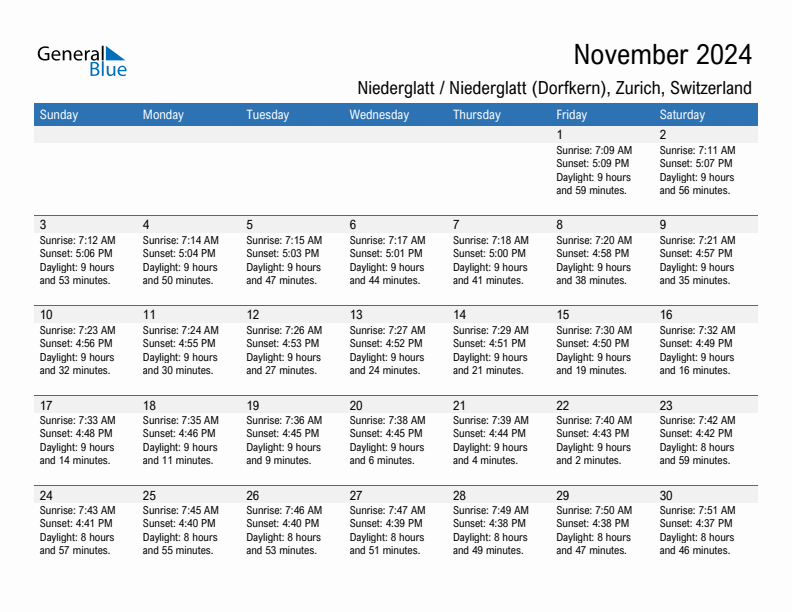 Niederglatt / Niederglatt (Dorfkern) November 2024 sunrise and sunset calendar in PDF, Excel, and Word