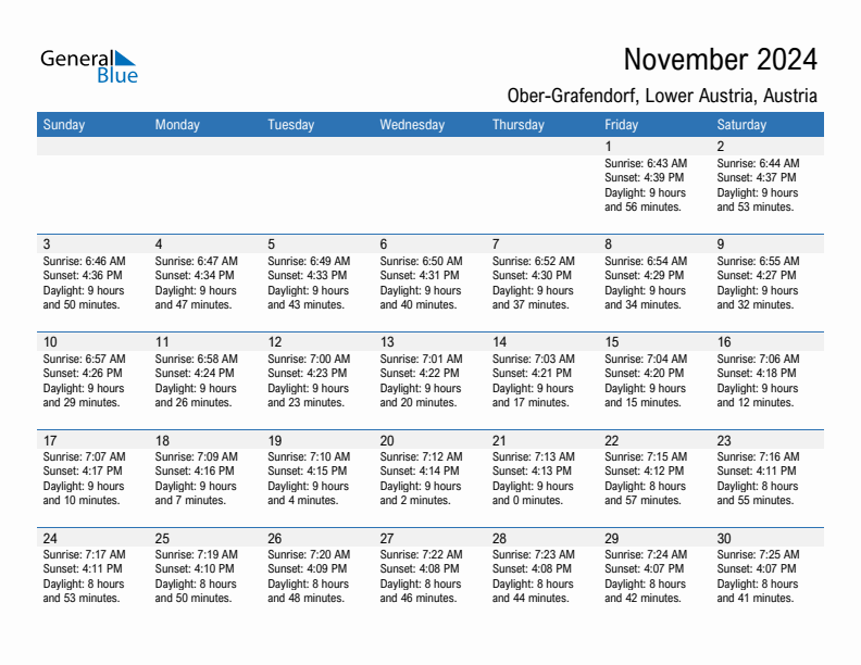 Ober-Grafendorf November 2024 sunrise and sunset calendar in PDF, Excel, and Word