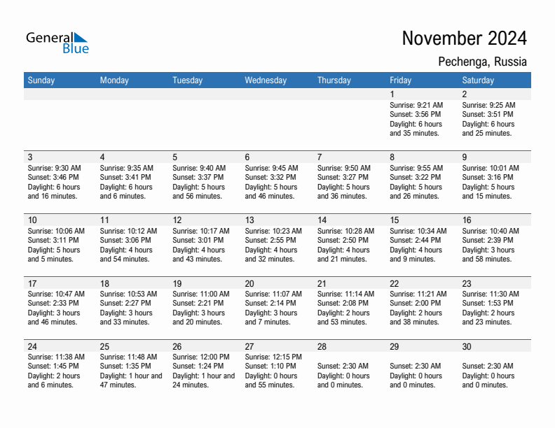 Pechenga November 2024 sunrise and sunset calendar in PDF, Excel, and Word
