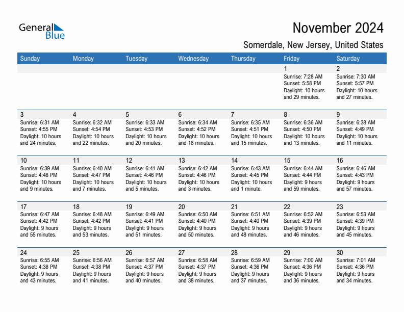 Somerdale November 2024 sunrise and sunset calendar in PDF, Excel, and Word