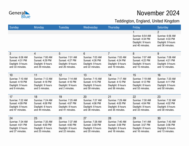 Teddington November 2024 sunrise and sunset calendar in PDF, Excel, and Word