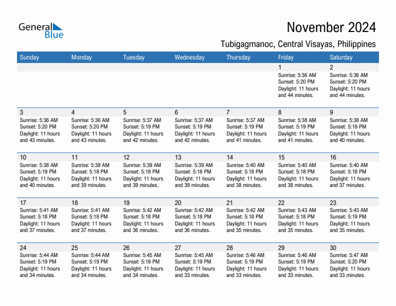 Tubigagmanoc November 2024 sunrise and sunset calendar in PDF, Excel, and Word
