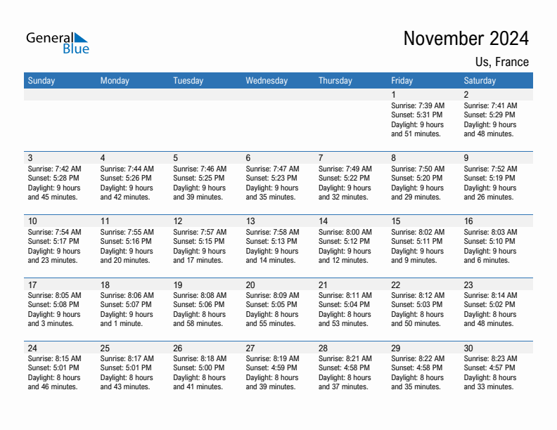 Us November 2024 sunrise and sunset calendar in PDF, Excel, and Word