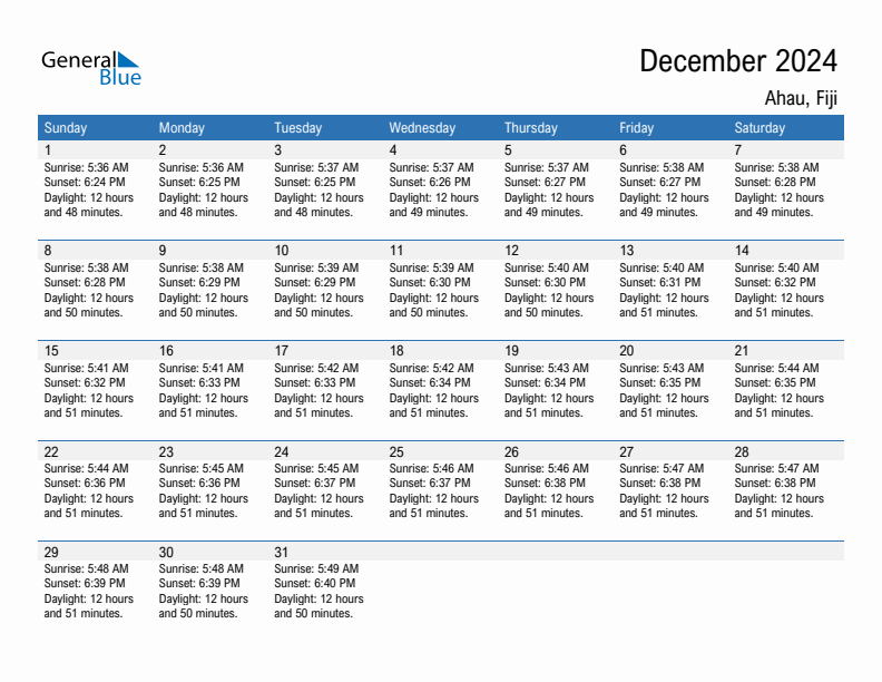 Ahau December 2024 sunrise and sunset calendar in PDF, Excel, and Word