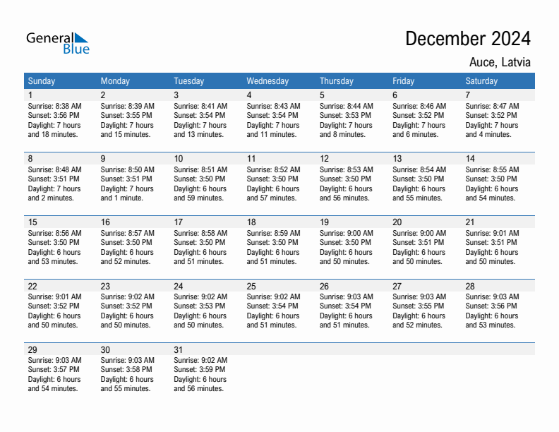 Auce December 2024 sunrise and sunset calendar in PDF, Excel, and Word