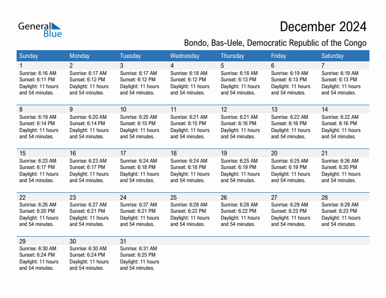 Bondo December 2024 sunrise and sunset calendar in PDF, Excel, and Word