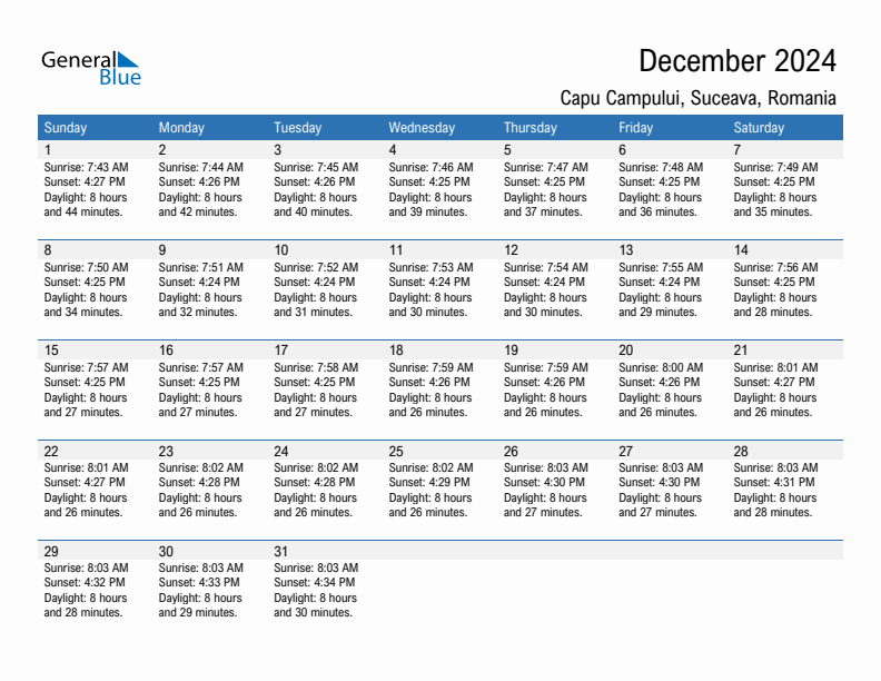 Capu Campului December 2024 sunrise and sunset calendar in PDF, Excel, and Word
