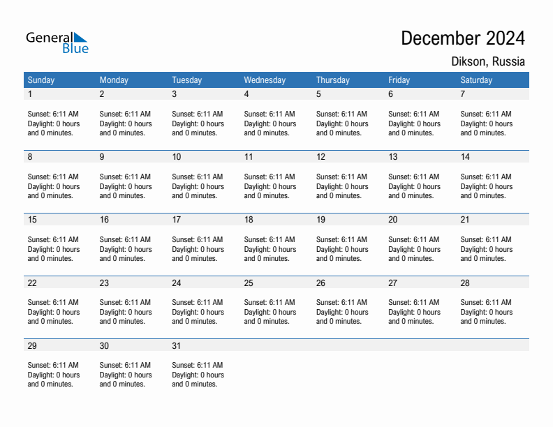 Dikson December 2024 sunrise and sunset calendar in PDF, Excel, and Word