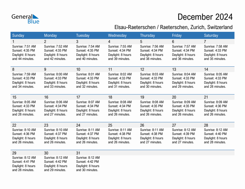 Elsau-Raeterschen / Raeterschen December 2024 sunrise and sunset calendar in PDF, Excel, and Word