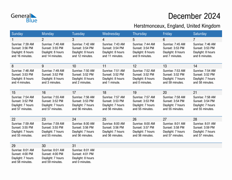 Herstmonceux December 2024 sunrise and sunset calendar in PDF, Excel, and Word