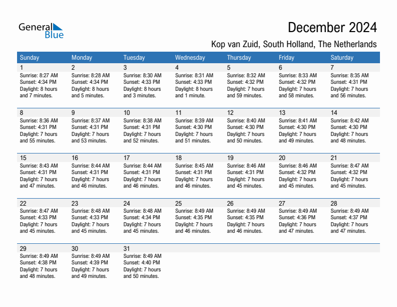 Kop van Zuid December 2024 sunrise and sunset calendar in PDF, Excel, and Word
