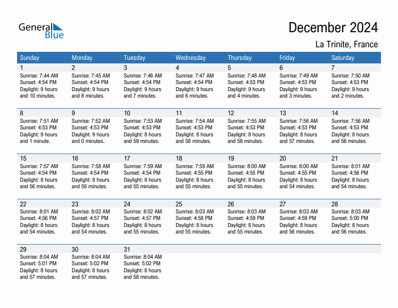 La Trinite December 2024 sunrise and sunset calendar in PDF, Excel, and Word