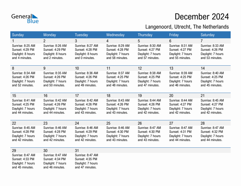 Langenoord December 2024 sunrise and sunset calendar in PDF, Excel, and Word
