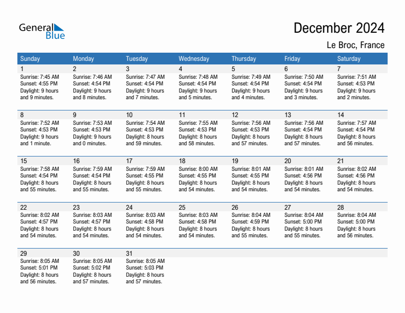 Le Broc December 2024 sunrise and sunset calendar in PDF, Excel, and Word