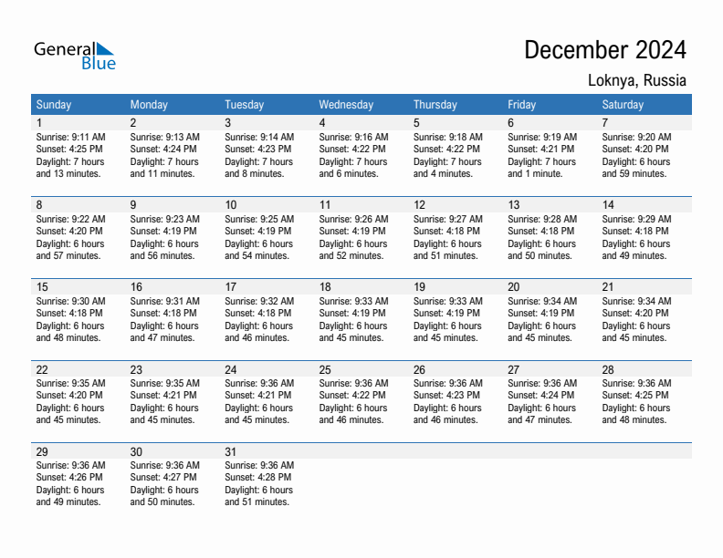 Loknya December 2024 sunrise and sunset calendar in PDF, Excel, and Word