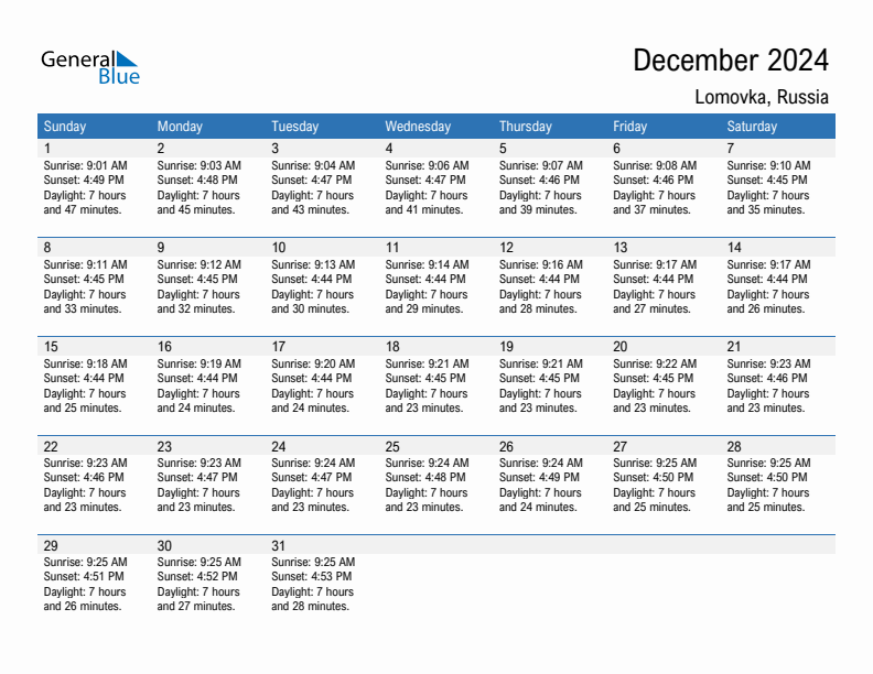 Lomovka December 2024 sunrise and sunset calendar in PDF, Excel, and Word