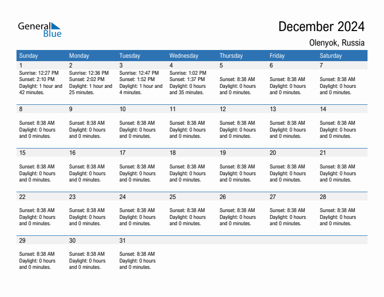 Olenyok December 2024 sunrise and sunset calendar in PDF, Excel, and Word