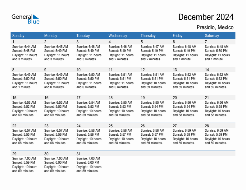 Presidio December 2024 sunrise and sunset calendar in PDF, Excel, and Word