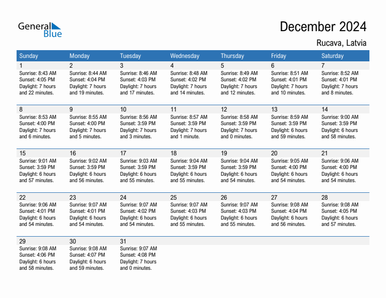 Rucava December 2024 sunrise and sunset calendar in PDF, Excel, and Word
