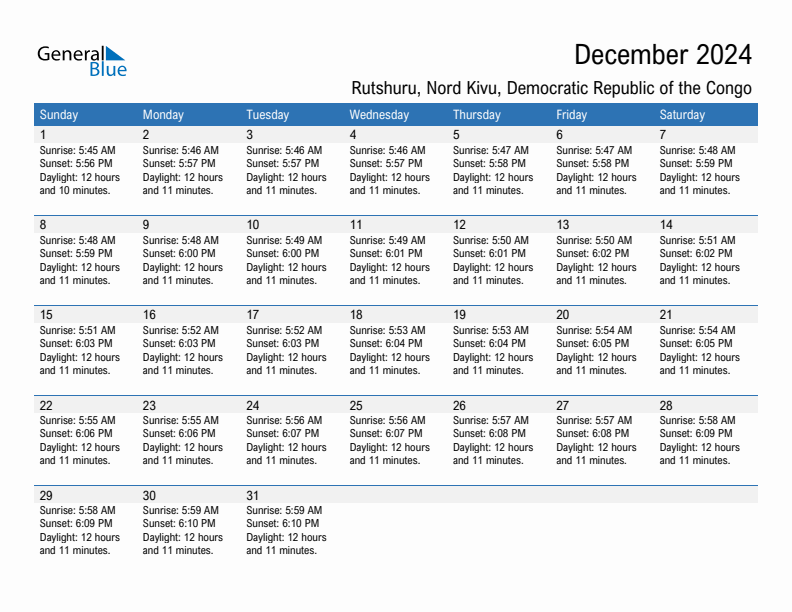 Rutshuru December 2024 sunrise and sunset calendar in PDF, Excel, and Word